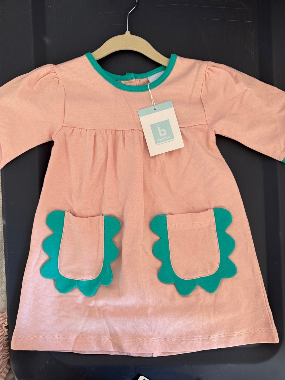 bella bliss Pink Dress with Teal Trim and Pocket Scallops